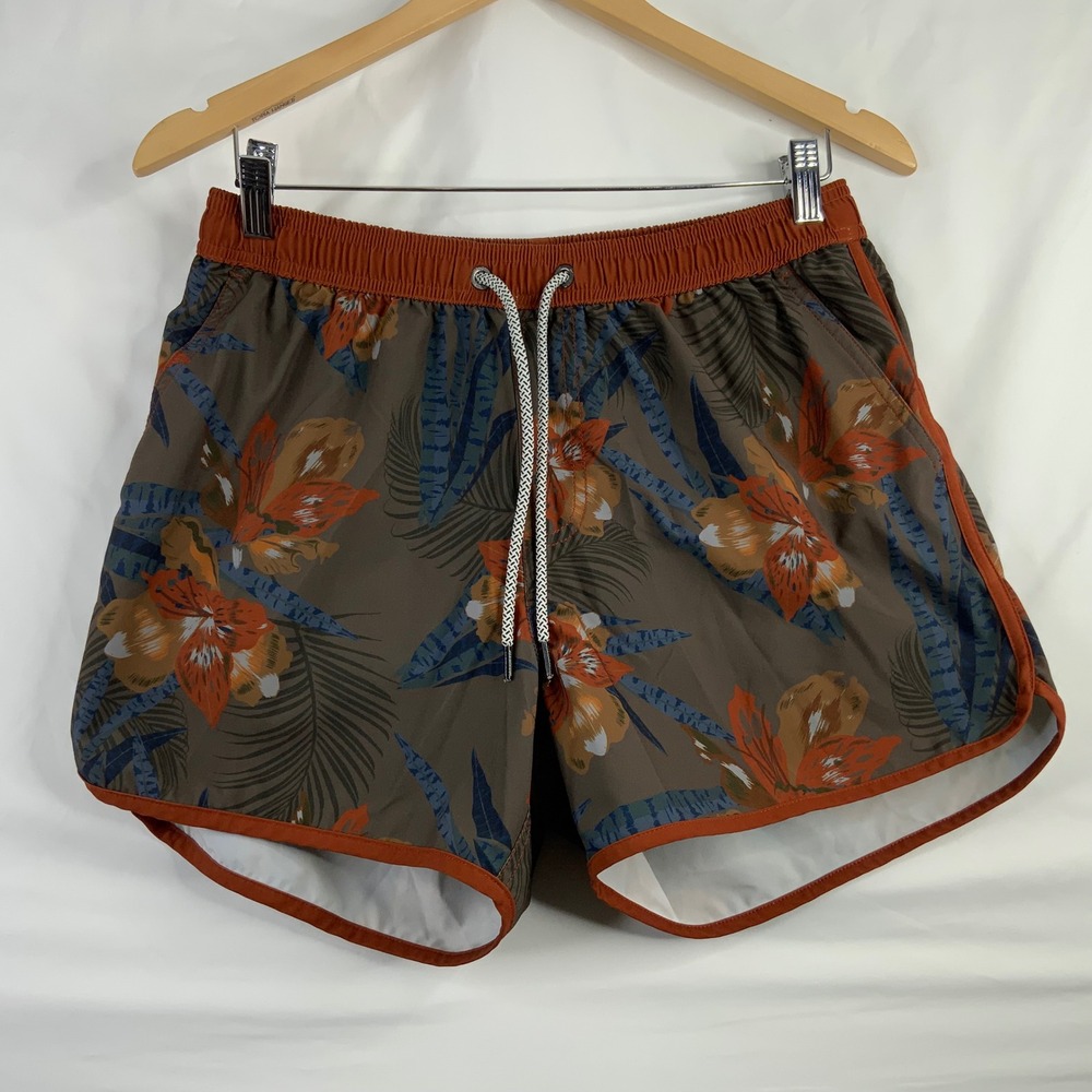 Maamgic Floral Board Shorts Brown Orange Tropical Swim Trunks Womens Medium